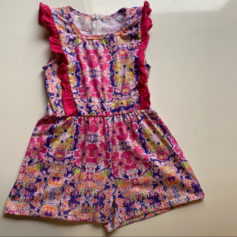 Smocked Polkadot Girls Pink Purple Flower 5/6 Toddler Zip Romper